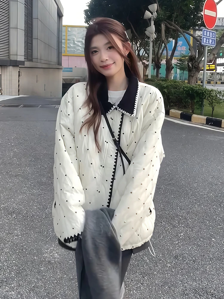 韩式休闲风菱格纹短外套学院风小个子秋冬季减龄百搭宽松翻领外套