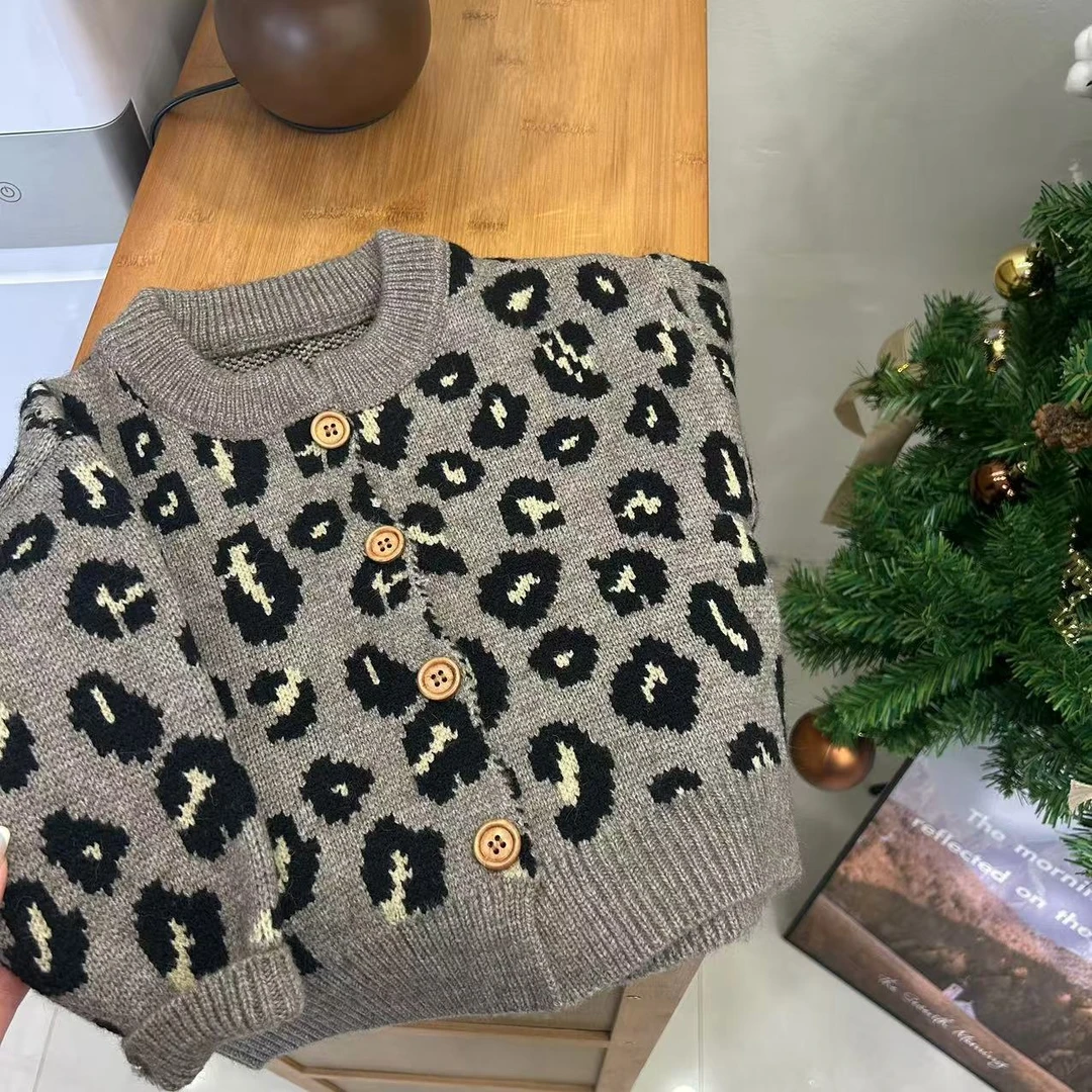 【香蕉计划现货】儿童新款针织豹纹针织毛衣开衫时尚外套男女宝同款
