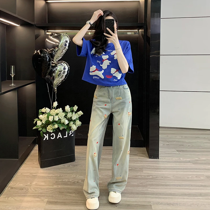 女装夏装套装2025新款爆款卡通小狗植绒正肩短袖T恤刺绣牛仔裤潮