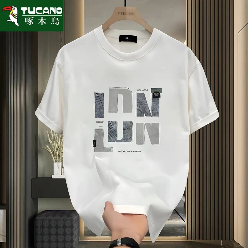 啄木鸟夏季男士纯棉短袖t恤男t潮流宽松圆领百搭印花大码全棉半袖