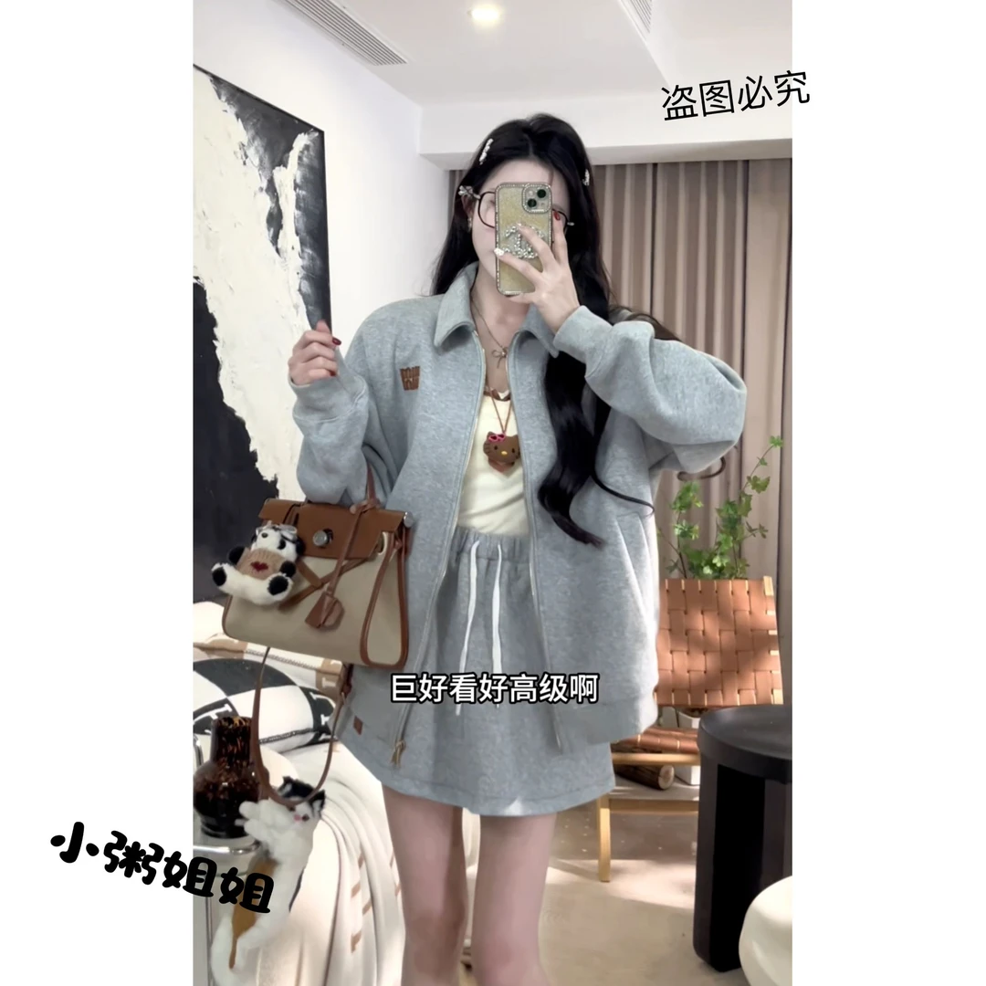【XZ001】2025春季新款宽松休闲拉链翻领外套灰色短裙两件套套装