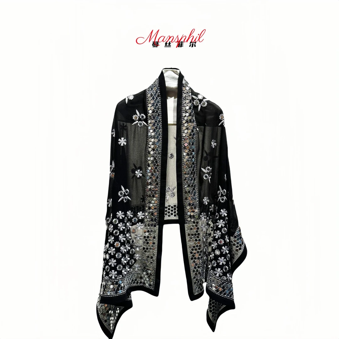 「丝缕臻品」重工钉珠定位印花薄款遮阳chic风桑蚕丝丝巾披肩亮片