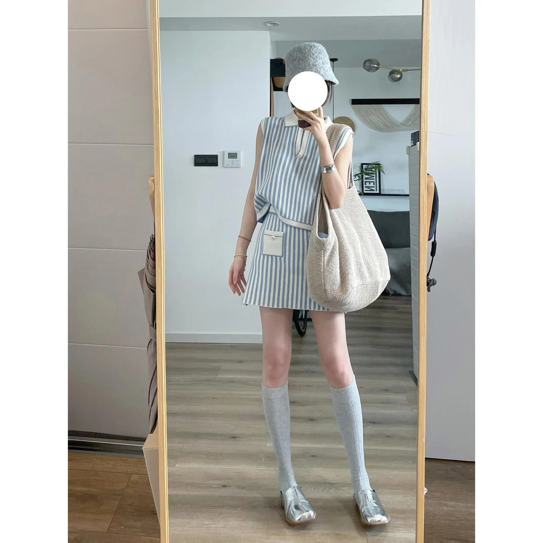 2025夏季韩系海盐薄荷蓝白条纹针织polo领无袖背心上衣半裙套装女