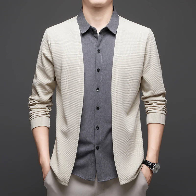 中青年男士长袖针织假两件翻领衬衫春秋款百搭时尚纯色开衫上衣男