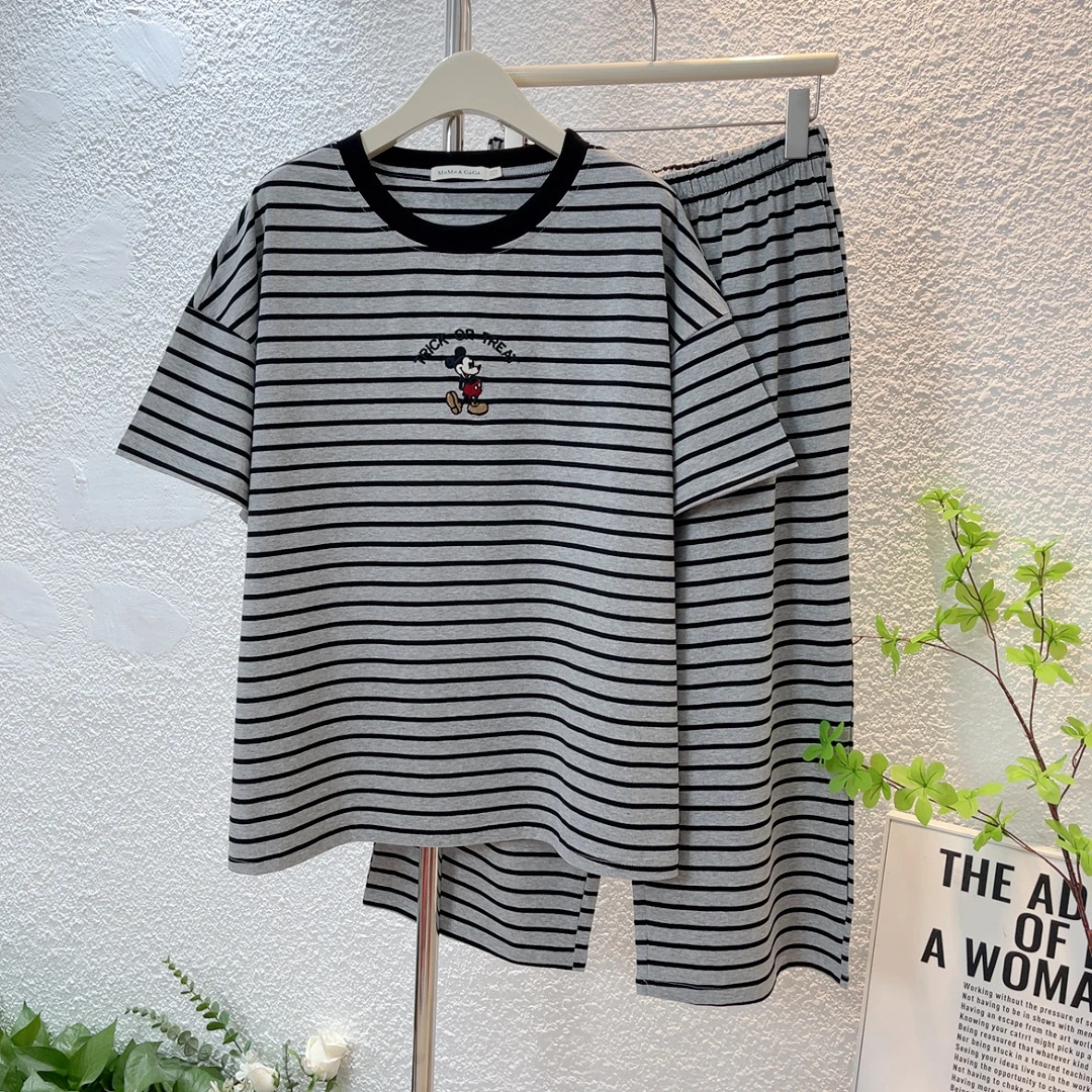 春秋季薄款纯棉大码短袖八分裤睡衣家居服套装阔腿条纹韩版学生