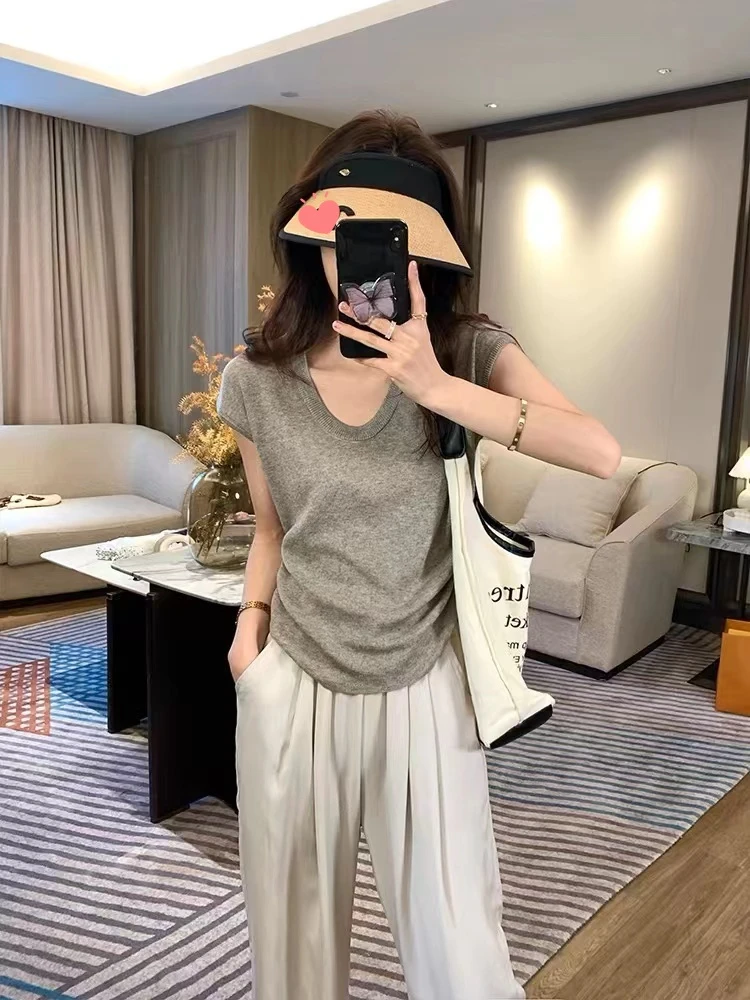 软糯薄款U领短袖冰丝针织衫T恤女2025夏季新款修身半袖打底衫上衣