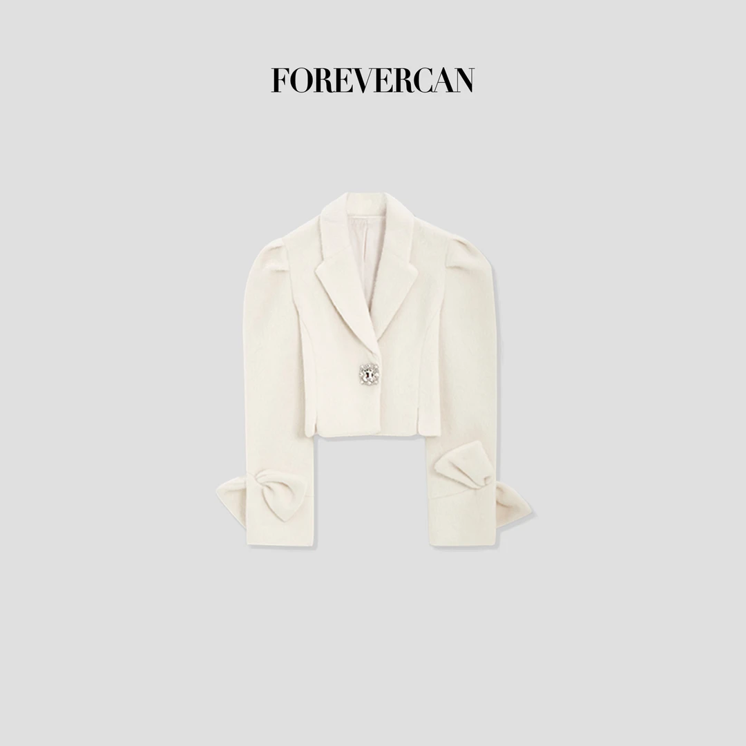 FOREVERCAN“白茶秘境”小香风蝴蝶结袖收腰短款羊毛呢外套 SC20887