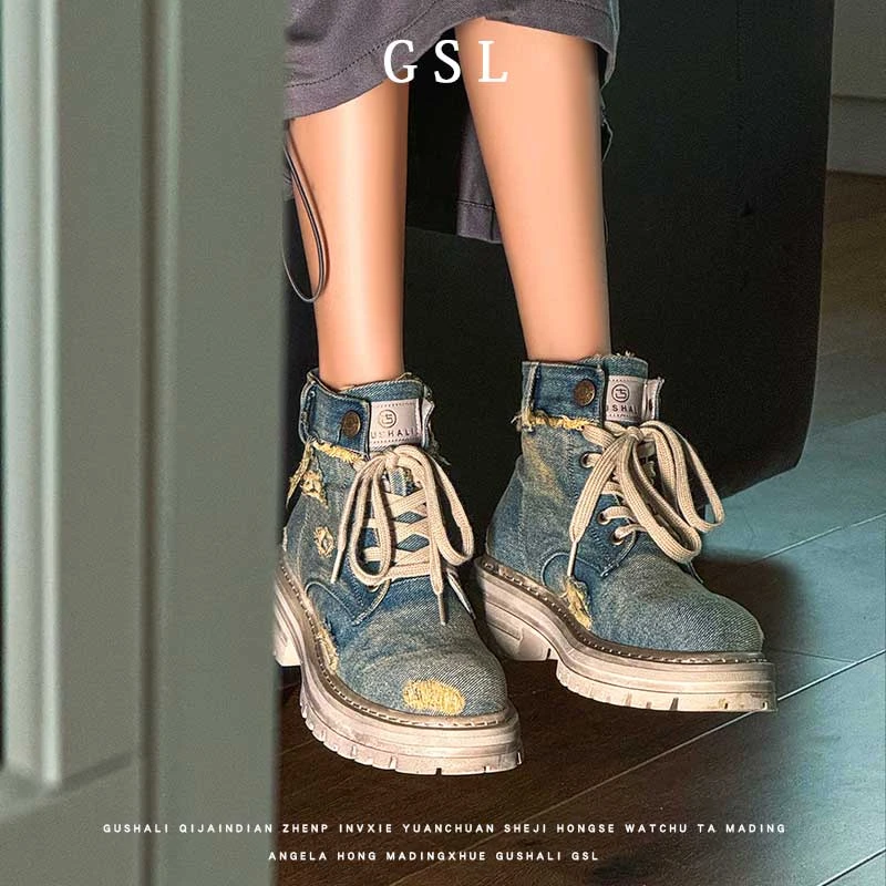 马丁靴女款2025新款夏季复古牛仔靴百搭英伦风厚底靴子透气女靴