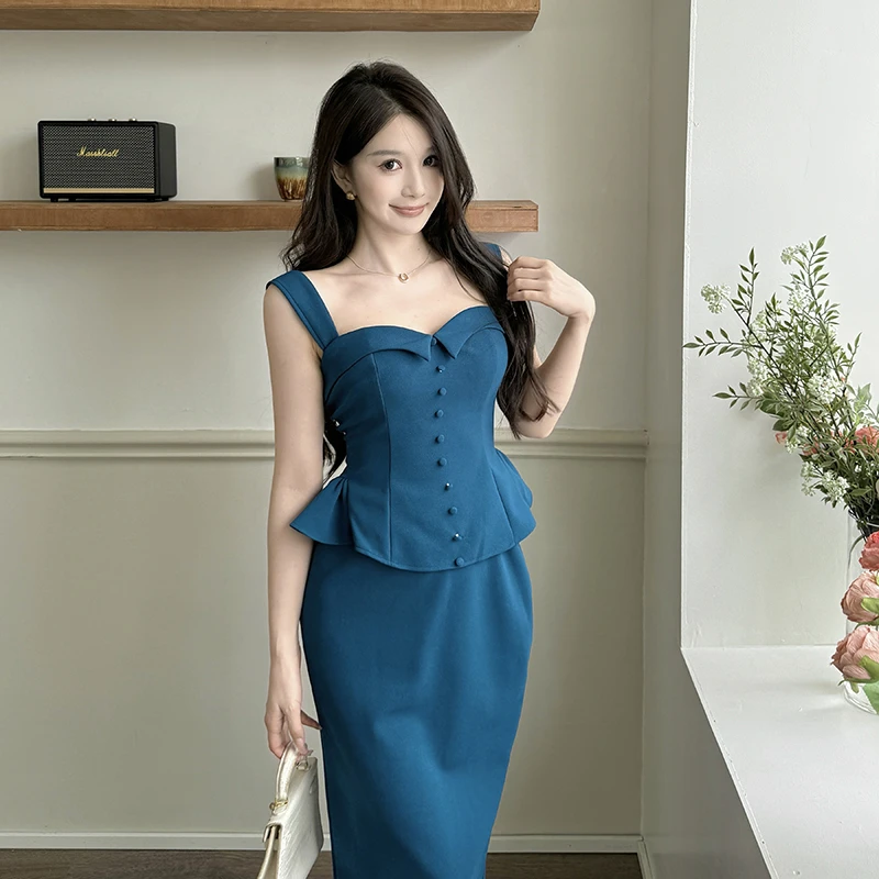 【奥法庄园】法式时尚套装女蓝色吊带上衣气质收腰半身裙两件套
