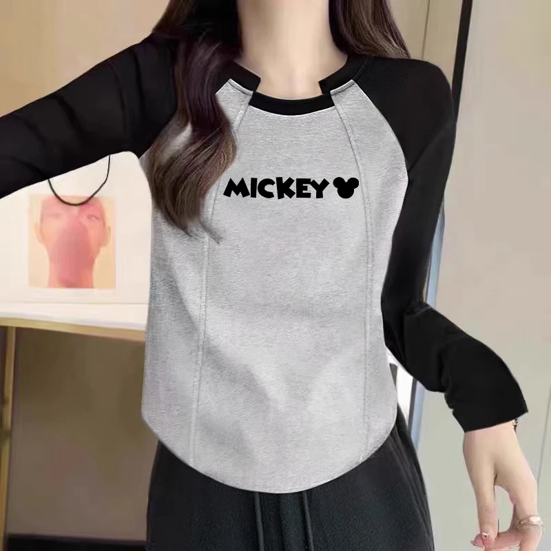 撞色长袖T恤女美式新款修身时尚显瘦辣妹圆领打底设计感拼接上衣