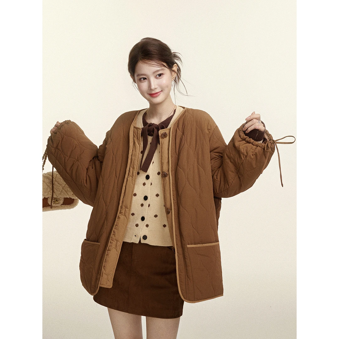 谢不肉 菱格贴袋保暖无领棉服女冬季百搭休闲宽松显瘦外套51080