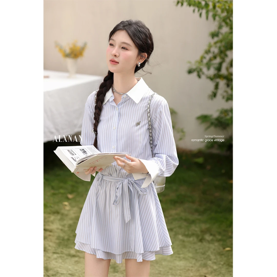 【品牌撤柜款】蓝色条纹连衣裙2025夏季新款高级感短款裙子L53309