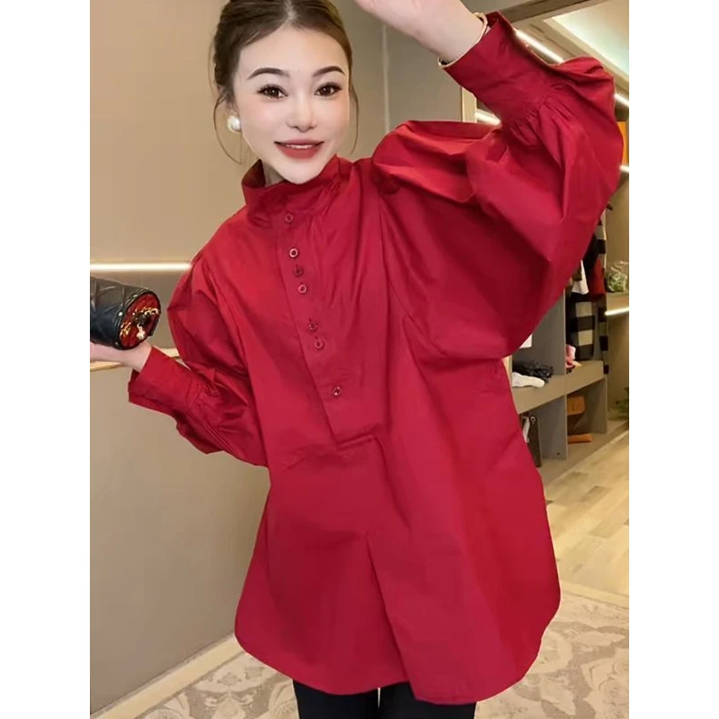 新款韩版纯棉衬衣春季百搭宽松立领抽褶设计泡泡袖显瘦中长款