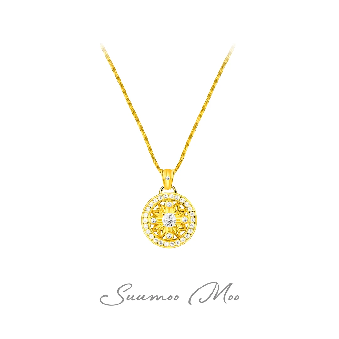 坠链均925银合成锆石 时尚轻奢超闪锆钻太阳花罗盘项链 925通体银