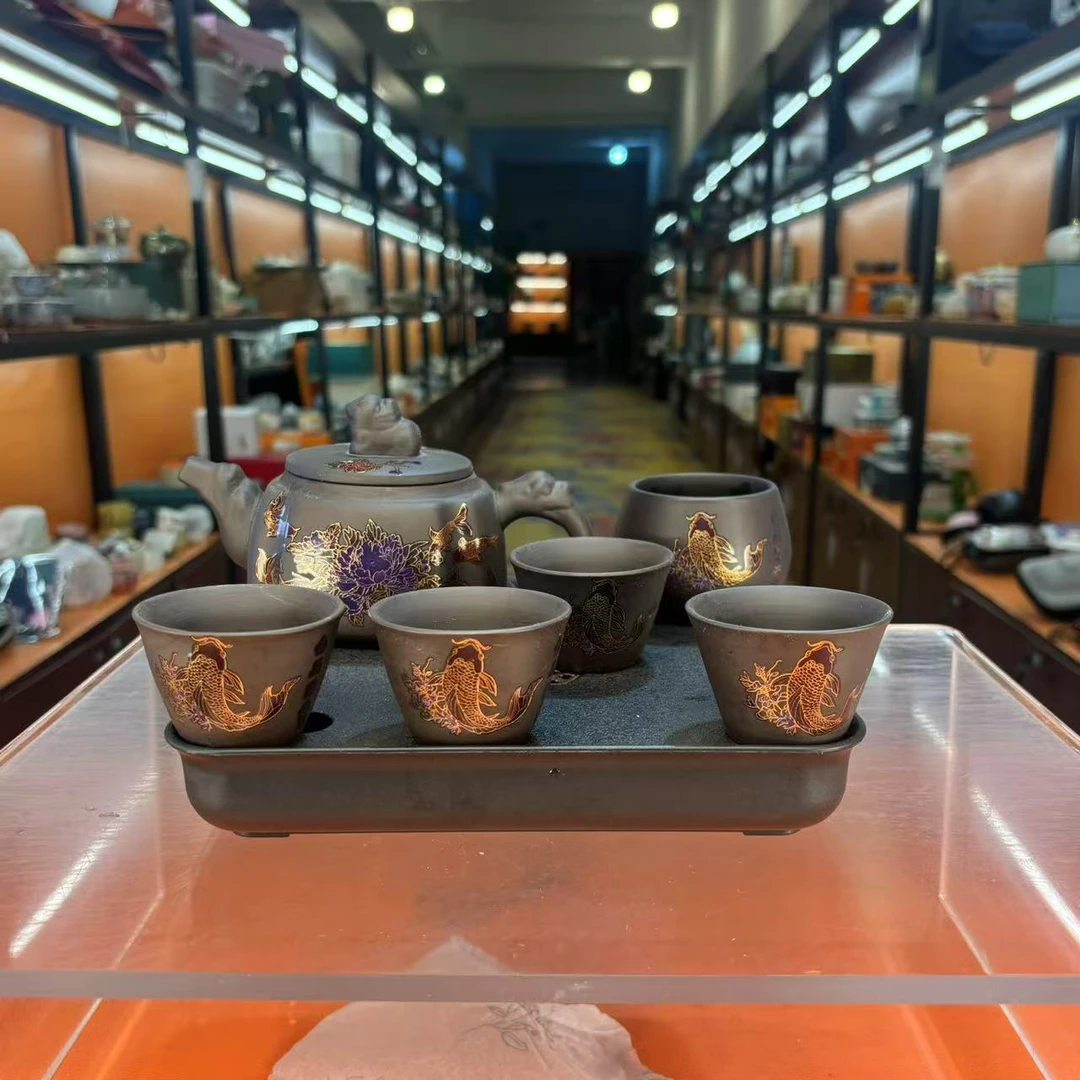 紫砂金玉满堂四方变色壶+四杯家用泡茶功夫茶具-2782