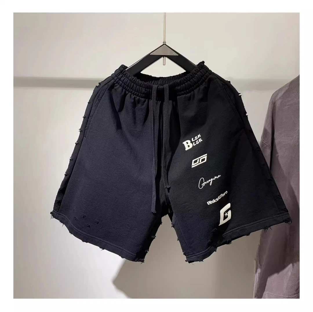 美式重磅夏季新款磨破重工字母刺绣短裤男休闲宽松潮牌毛圈五分裤