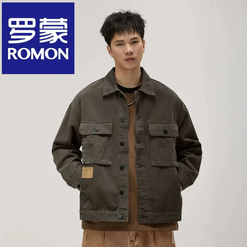 罗蒙高端重磅潮牌工装牛仔外套男秋季新款宽松大码硬汉猎装衬衫夹