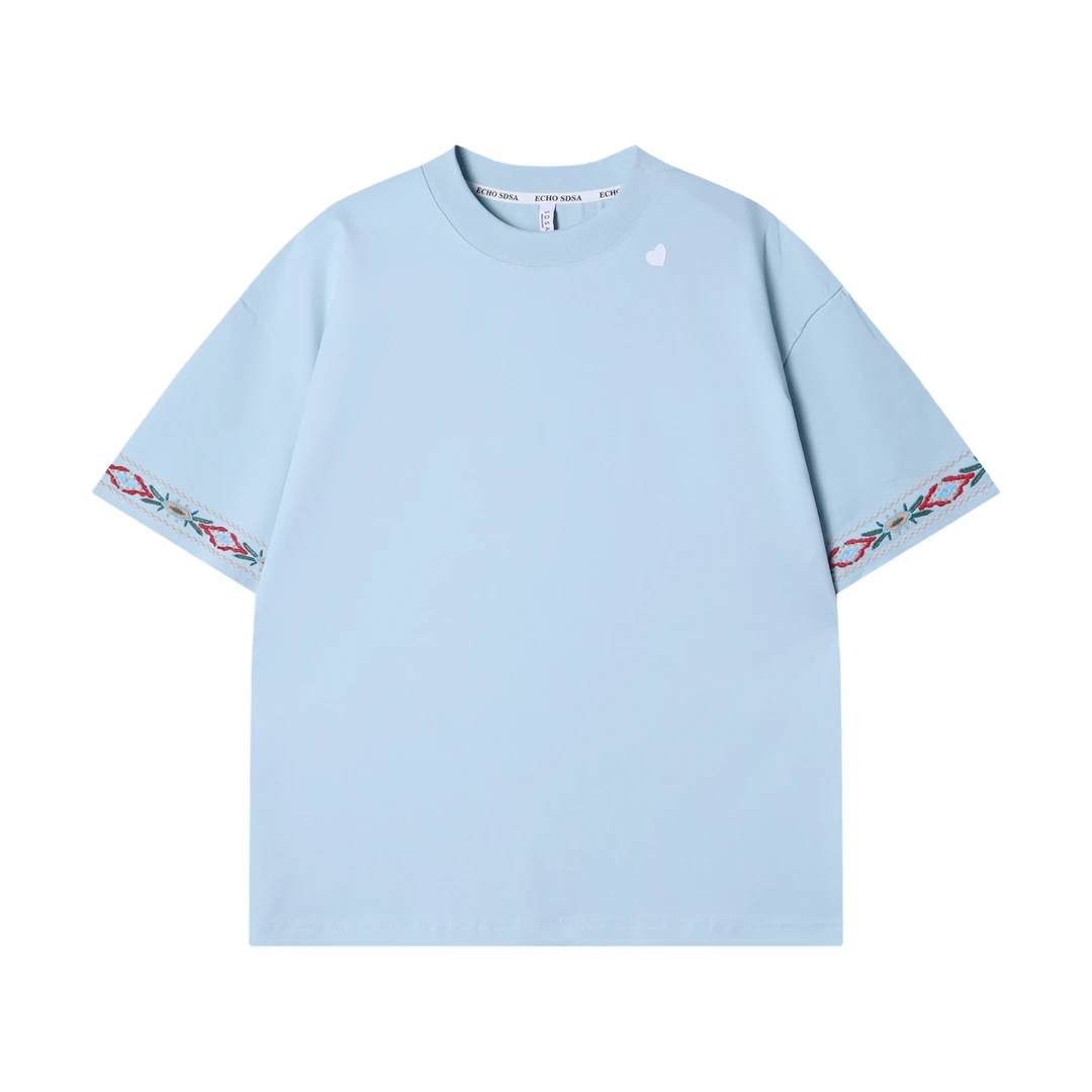 早春新款时尚个性重工刺绣袖边爱心印花圆领短袖T恤百搭休闲上衣