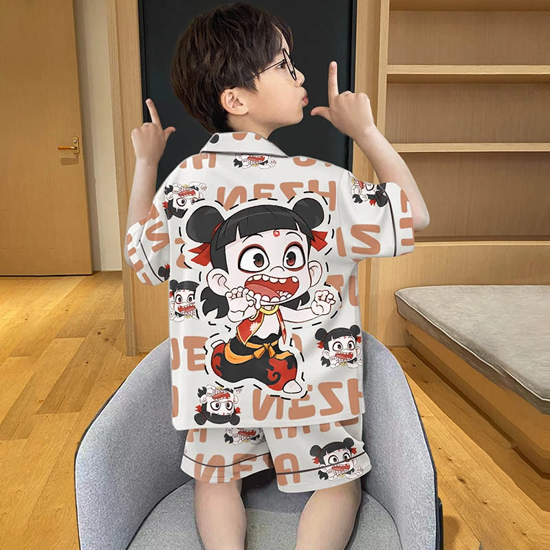儿童睡衣男童夏季薄款夏天冰丝中大童男孩小孩家居服哪吒2025新款
