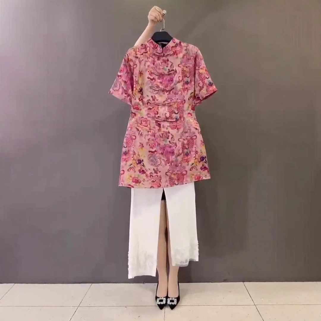 中年女装2025夏季新款新中式盘扣短袖上衣直筒九分裤时尚妈妈套装