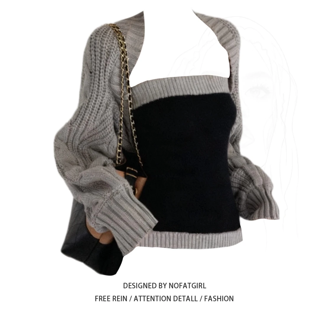 大码胖妹妹韩系纯欲风针织开衫毛衣女秋冬修身显瘦抹胸叠穿两件套