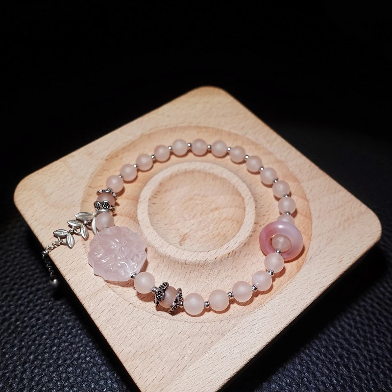 云上琅声72设计天然粉晶凤九银饰手链精雕九尾狐手饰手串