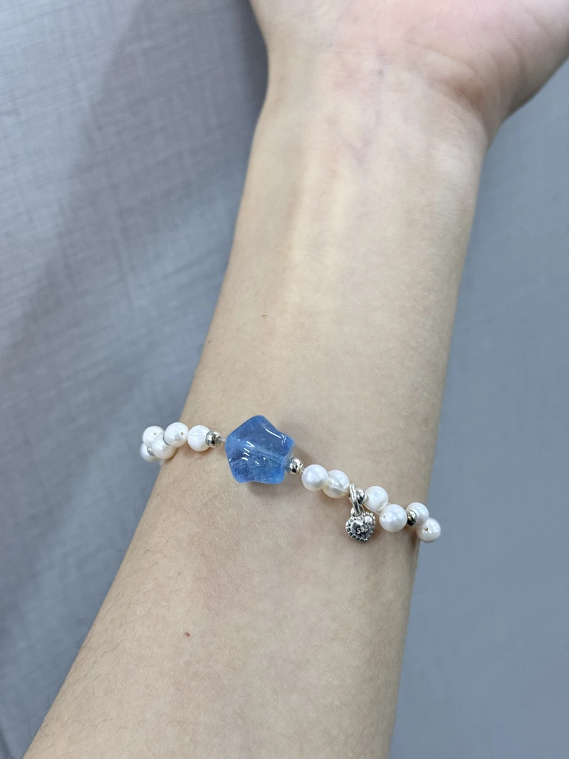 Z001珍珠编织海蓝宝星星设计款手串 发货多样性默认棉裂 介意勿拍