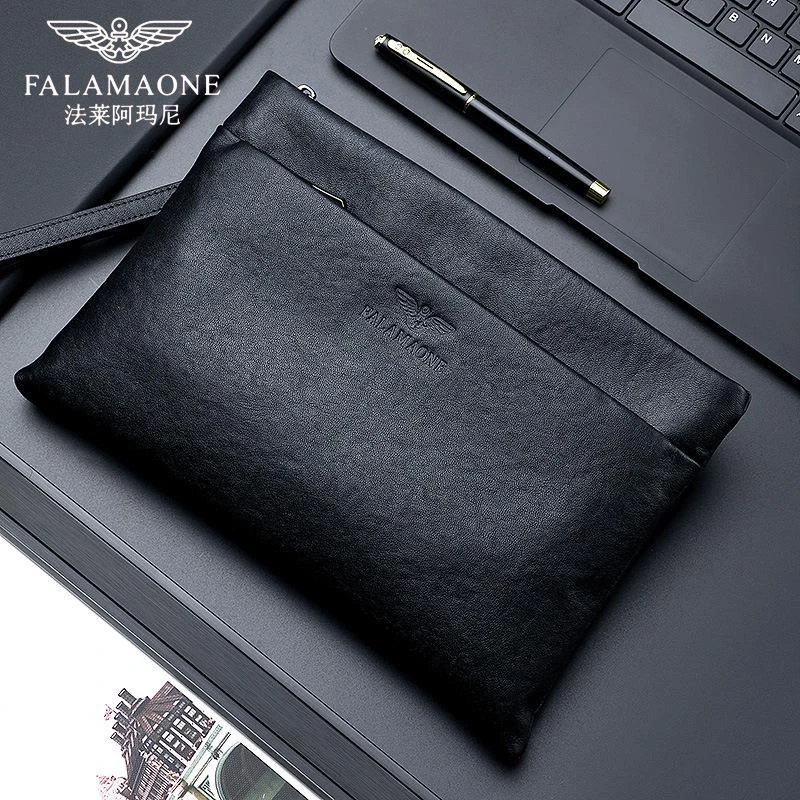 法莱阿玛尼黑色男士手包真皮包休闲时尚百搭牛皮包包手拿包高档