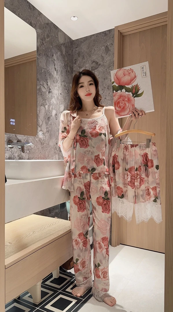 密码玫瑰四件套睡衣女宽松休闲法式浪漫印花家居服外穿睡衣礼盒装