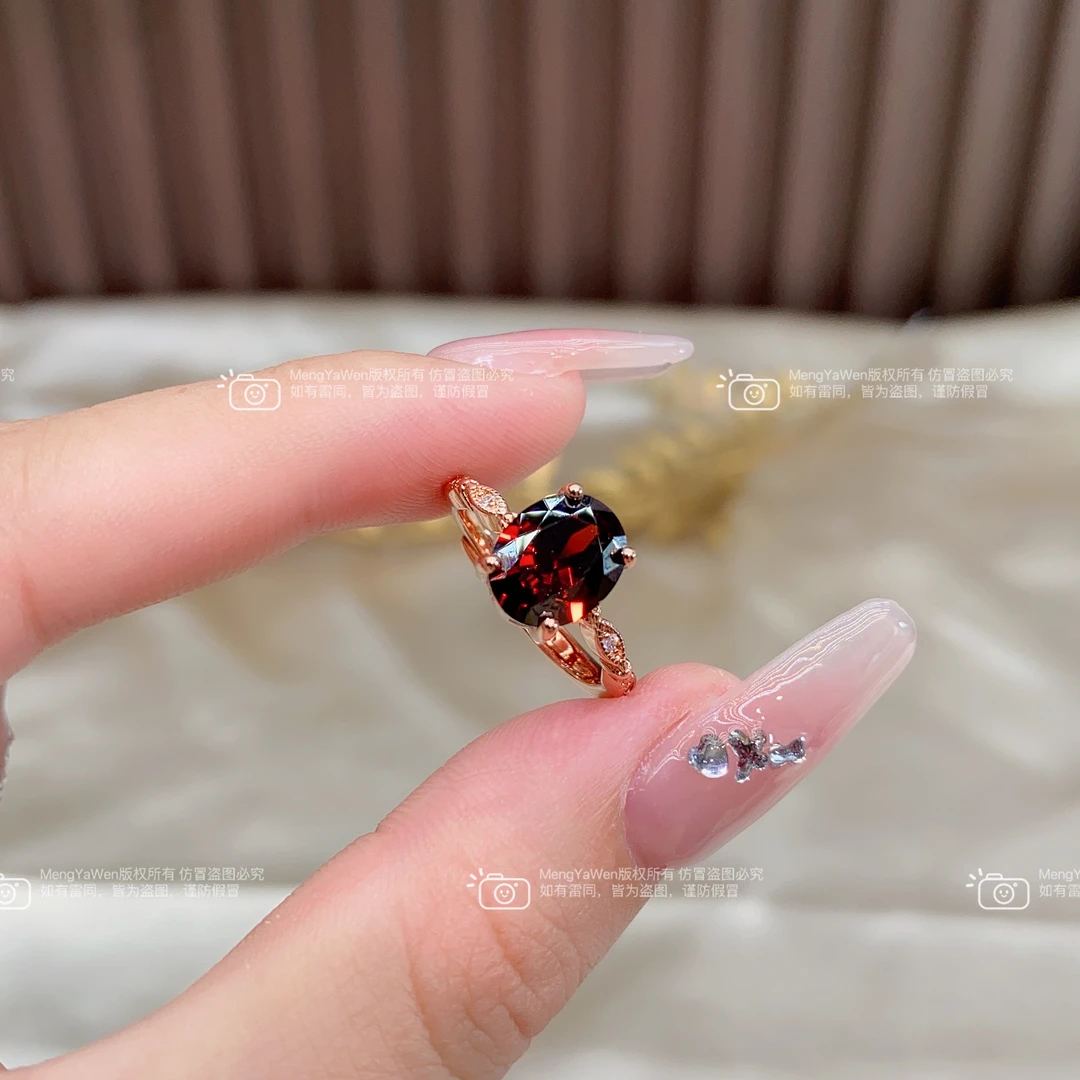 新品戒指【雪莲】8x10mm石榴红人工镶嵌时尚轻奢百搭戒指女k127
