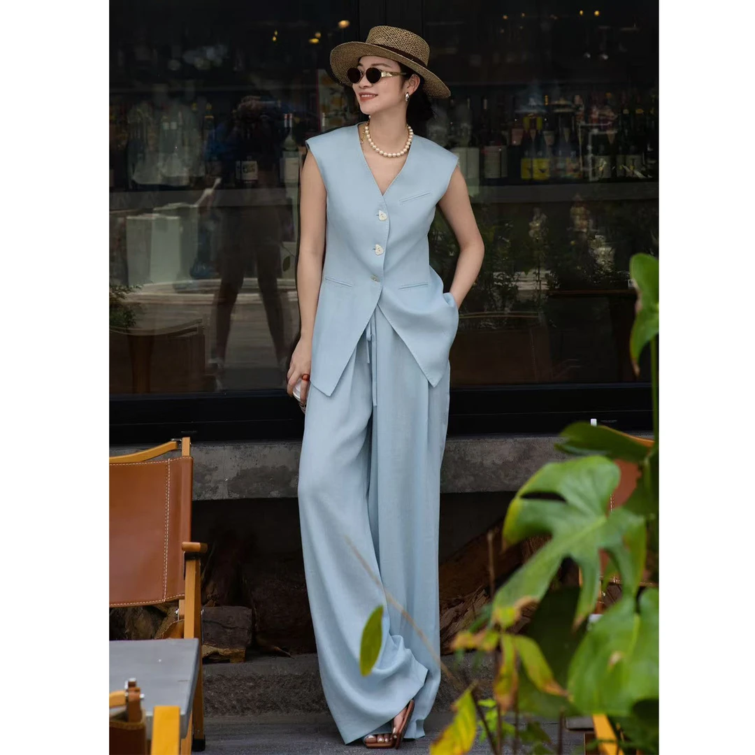 高端时髦洋气套装女西装马甲阔腿长裤气质两件套高级感一整套穿搭