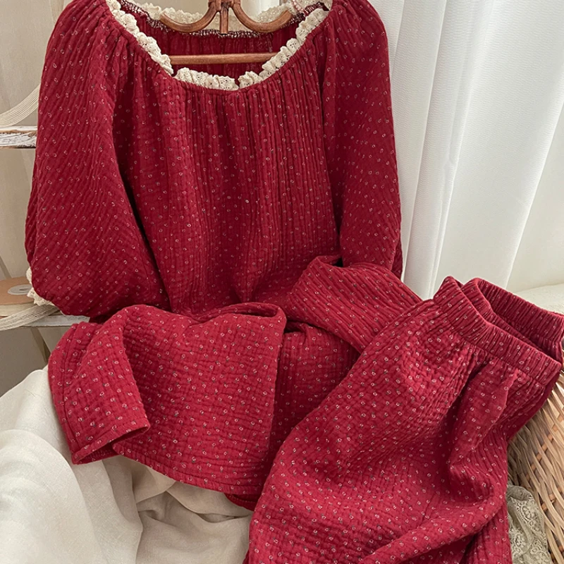 韩系圆领蕾丝花边复古红碎花短袖睡衣女夏季亲肤棉纱居家服