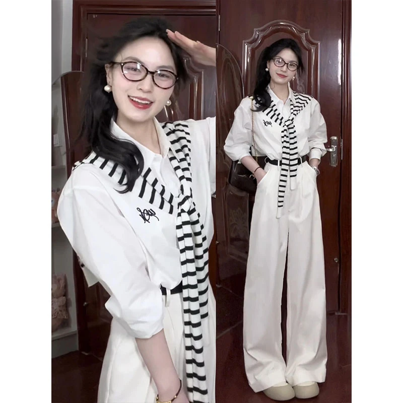 春季搭配一整套2025新款韩系气质减龄条纹披肩衬衫阔腿裤三件套装