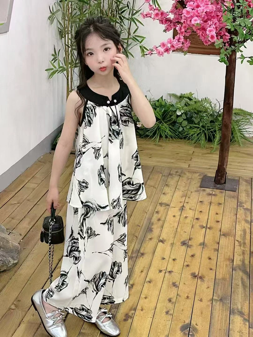 套装套头碎花女童夏季薄款新中式套装冰干孩子放假必备一套