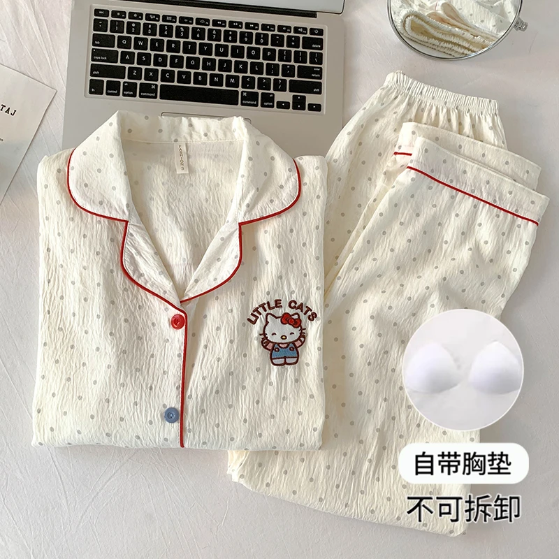【胸垫版】日系HelloKitty睡衣女春秋少女甜美学生休闲家居服两件套