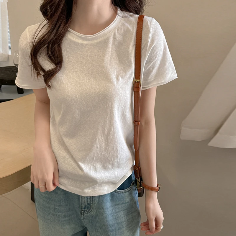 韩系小圆领高级设计感正肩短袖t恤女新款百搭宽松雪花棉显瘦上衣