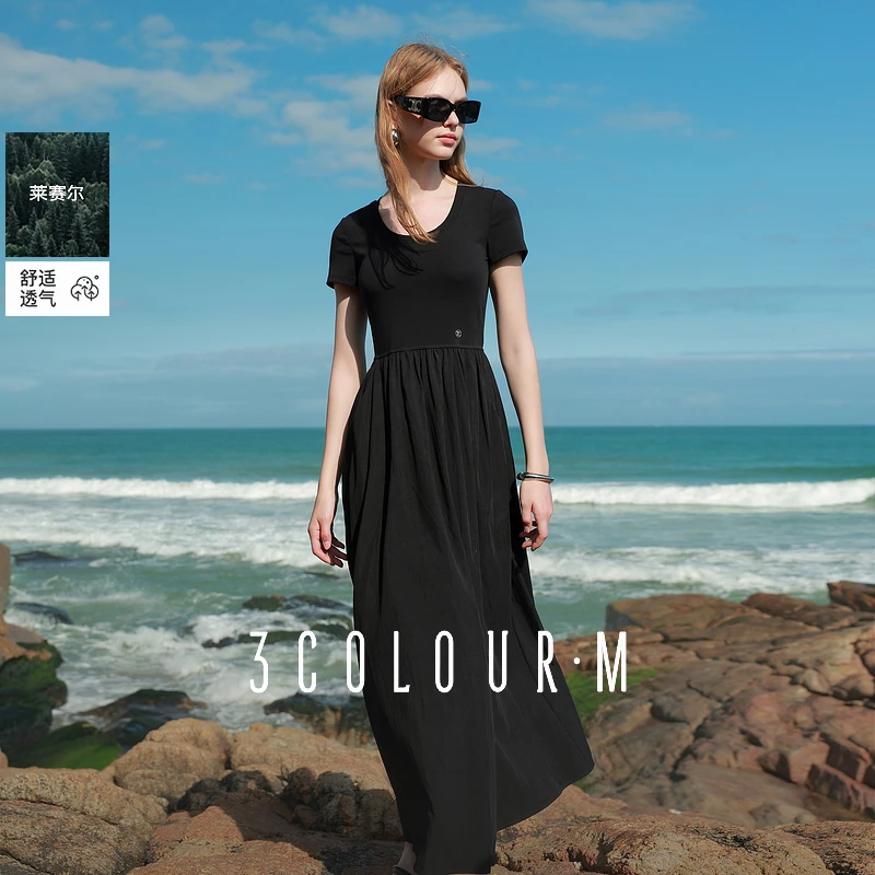 三彩2025夏季新款拼接小黑裙自带胸垫连衣裙圆领短袖长裙女M