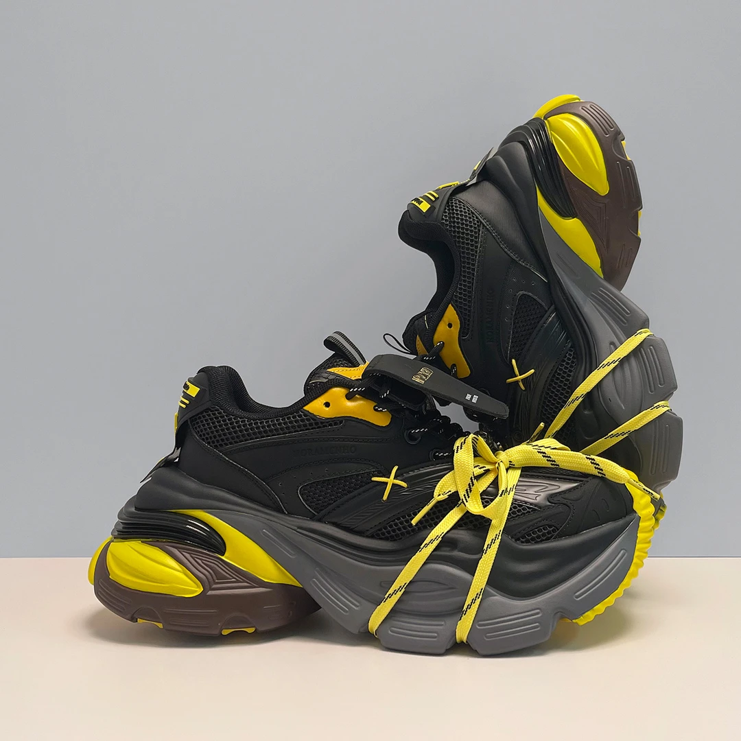 酷帅风黑黄绑带老爹鞋男女款小众解构厚底增高情侣运动休闲鞋潮流