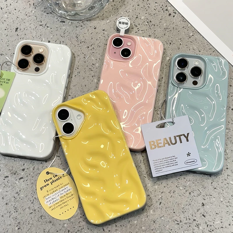 奥菲顿简约纯色褶皱壳适用苹果16ProMax陨石纹华为P70荣耀300套潮