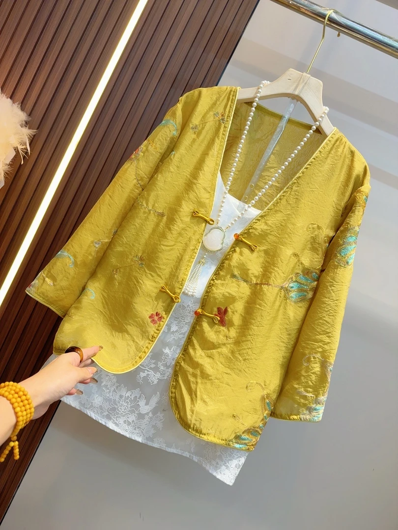 欧洲站新中式国风盘扣衬衫外套春夏新款唐装洋气八分袖上衣两件套