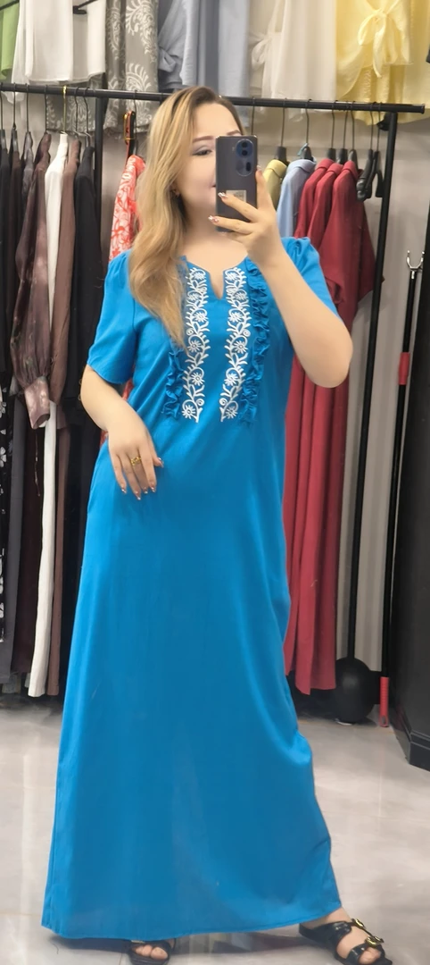 时尚新款民族风蒂芙尼蓝色长款连衣裙