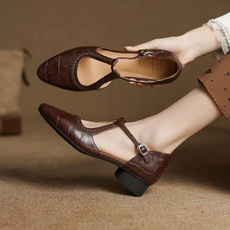 【JESSE】3cm 2025夏季新款复古粗跟编织玛丽珍凉鞋时尚百搭透气