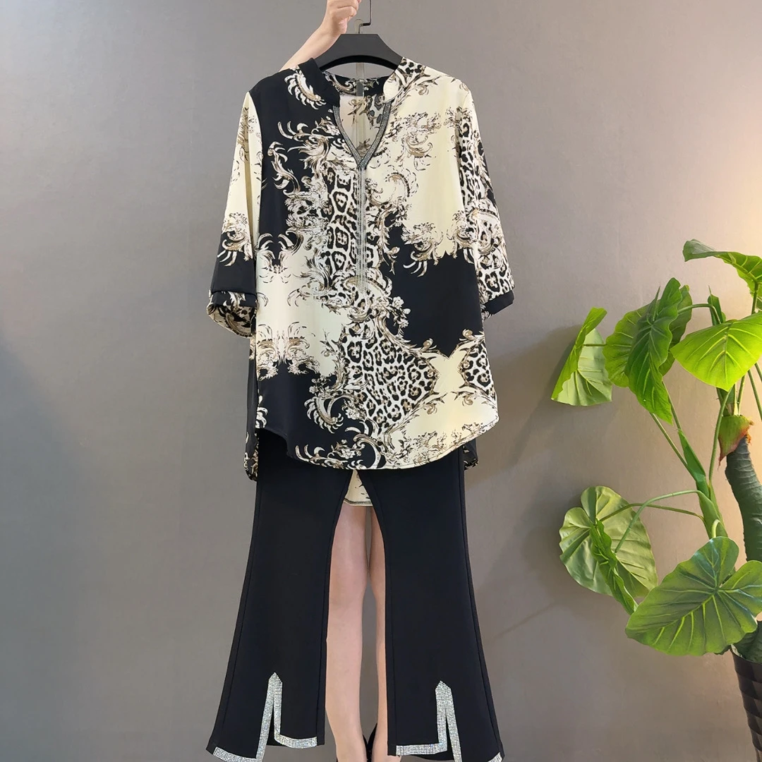 夏季七分袖常规宽松型大码衬衫五分袖流苏薄款雪纺衫