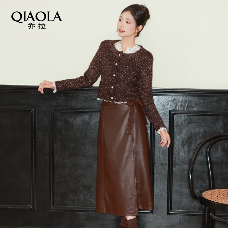 QIAOLA/乔拉【摩卡魅影】秋冬季彩点毛织蕾丝衫百搭A版时尚套装