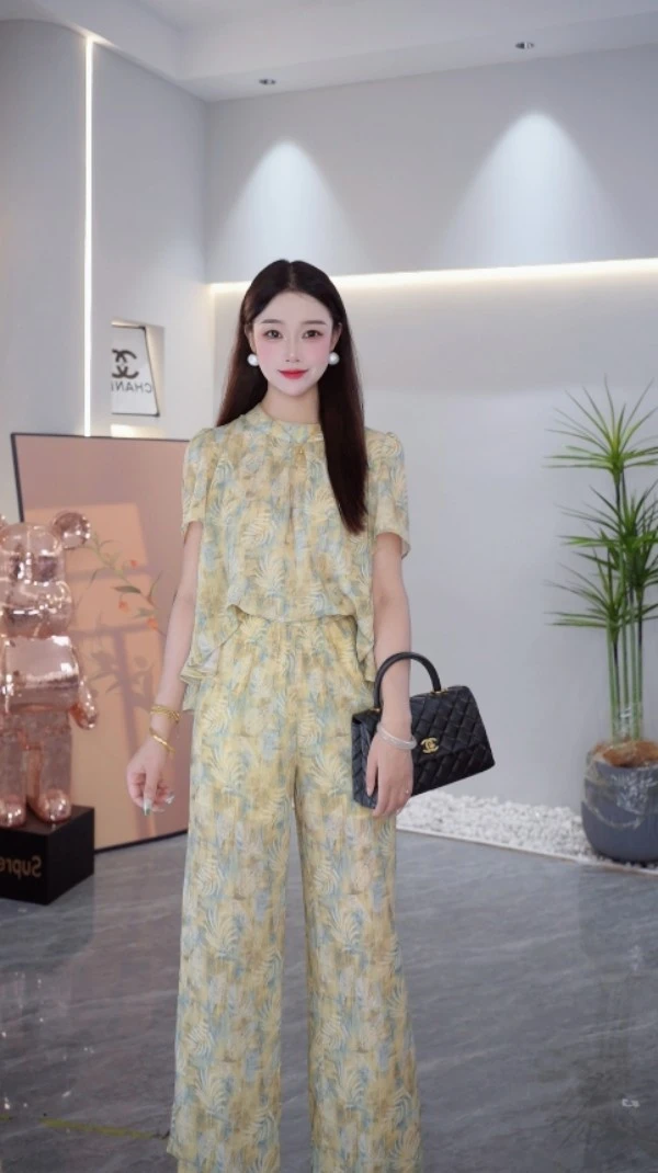 雅衣良品2025夏季新款黄色时尚长裤两件套