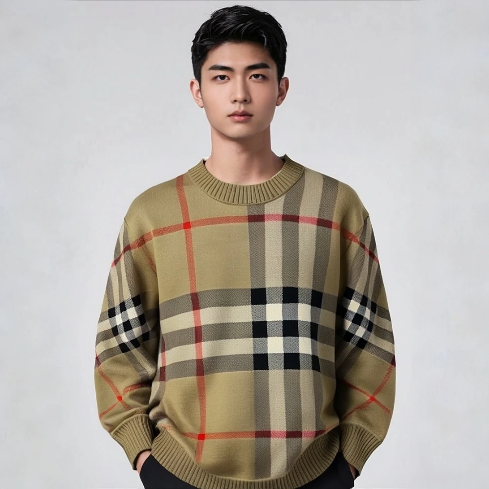 未使用 BURBERRY/博柏利 16398585 格纹羊毛毛衣 卡其色 S码