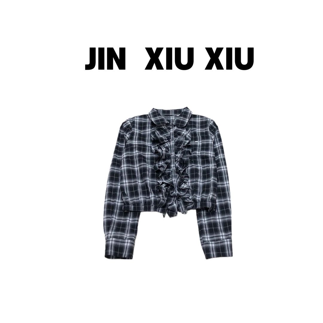 JINXIUXIU秋季新款Polo领复古黑白格木耳边拼接韩系甜美衬衫1010