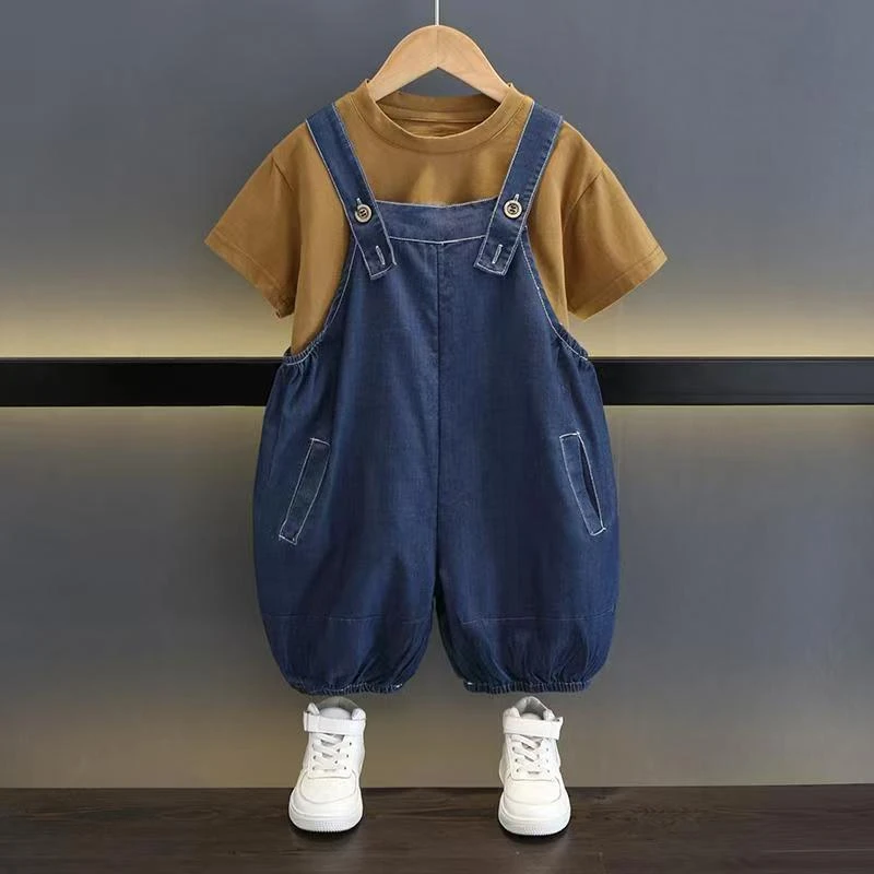 夏季男童洋气宽松薄款背带裤套装韩版童装适合岁