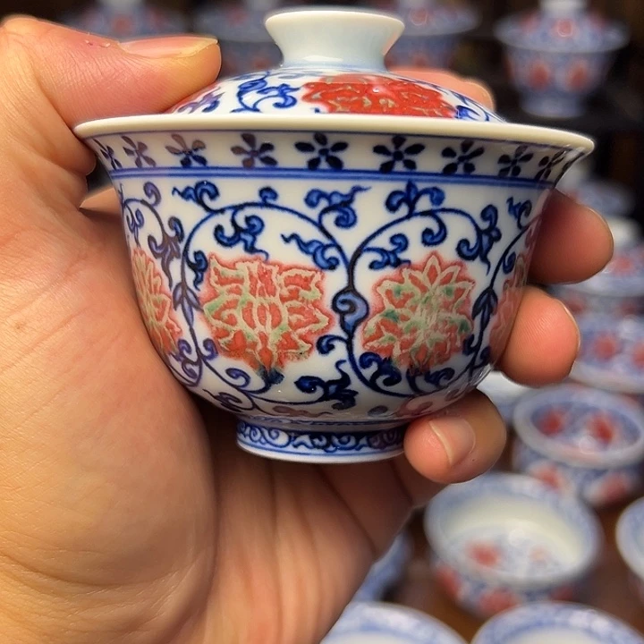 开***园青花釉里红二才盖碗瑕疵活动款