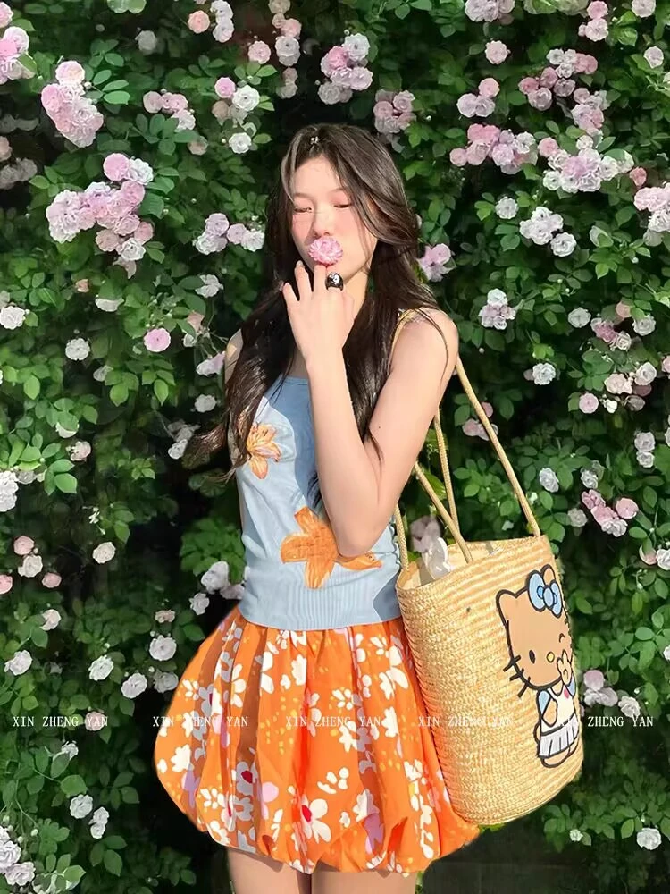 套装女2025夏季新款纯欲风辣妹印花背心上衣高腰显瘦花苞半身裙